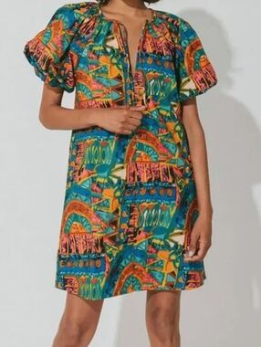 Cleobella Natia Organic Cotton Mini Dress XL Paradiso Print Puff Sleeve Pockets